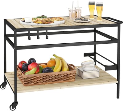 MakkelijkMooi BBQ Tafel met Wieltjes - Bijzettafel Buiten - 2 Opbergplanken - Handige Ophanghaken - Geïntegreerde Flessenhouder