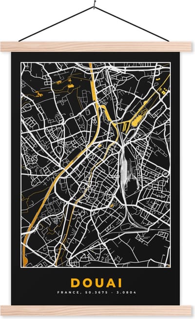 Posterhanger incl. Poster 40x60 cm - Schoolplaat - Plattegrond - Kaart - Douai - Frankrijk - Stadskaart - Textielposter - Blanke latten - Stadskaart