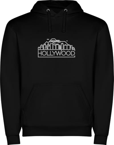 Zwarte unisex hoodie met “ Skyline Hollywood – Vakantiegevoel – Strak – Modern “ Print Full Color merk Roly maat M
