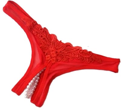 Erotische Slip met Parelketting – Sexy String met Open Kruis | One Size (S/M/L) | Verleidelijke Lingerie | Spandex & Katoen I Rood
