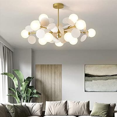 Moderne Witte Kroonluchter met 12 Lampen – Ø90 cm Metalen Hanglamp met Melkglazen Bollen – Luxe Design Plafondlamp voor Woonkamer, Eetkamer, Slaapkamer of Restaurant – G4 LED Pendelarmatuur, 2 Jaar Garantie