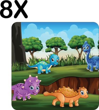 Luxe Placemat - Vrolijke Cartoon Dino's - Set van 8 Placemats - 50x50 cm - 2 mm dik Vinyl - Anti Slip - Afneembaar
