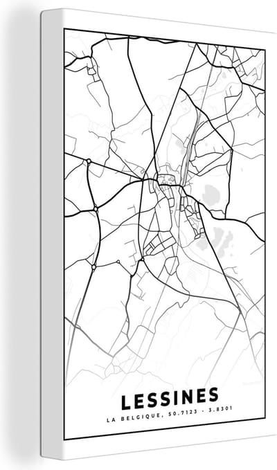 Canvas Schilderij Stadskaart – Zwart Wit - Kaart – Lessines – België – Plattegrond - 20x30 cm - Wanddecoratie