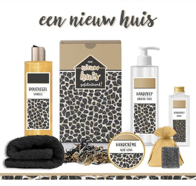 Geschenkset "Een nieuw huis" - 6 Producten - 830 Gram - Triomf Cosmetica | Luxe cadeaubox Een nieuwe woning Wellness Douchegel Goud Gift set Deluxe Verhuisd Cadeau Pakket Giftset Badkamer Samenwonen Verhuizing Getrouwd Man Vrouw Gift Panter Zwart