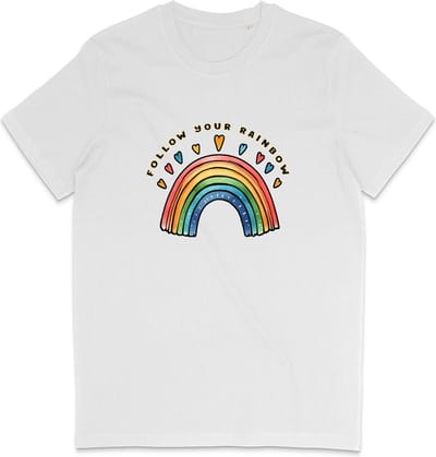 T Shirt Dames en Heren - Regenboog en Tekst: Follow Your Rainbow - Wit - XS