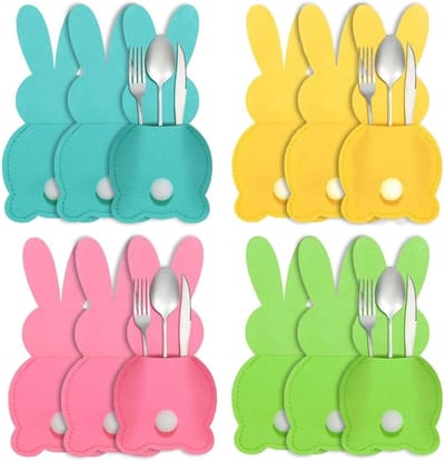 Paasbestekhouders - Bestekzakjes Konijn - Tafel Decoratie - Hazen Vorm - 8 x 15 cm - Multicolor