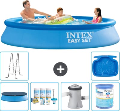 Intex Rond Opblaasbaar Easy Set Zwembad - 305 x 61 cm - Blauw - Inclusief Afdekzeil - Onderhoudspakket - Zwembadfilterpomp - Filter - Ladder - Voetenbad - 7-delig