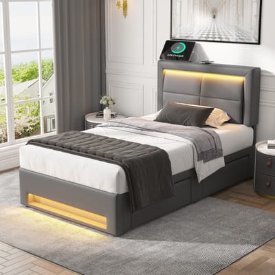 DESMIU Gestoffeerd Bed 90x200cm Met Usb Oplaadpoort En Ledverlichting Met Vier Lades Voor Slaapkamer Van Pu Grijs Zonder Matras