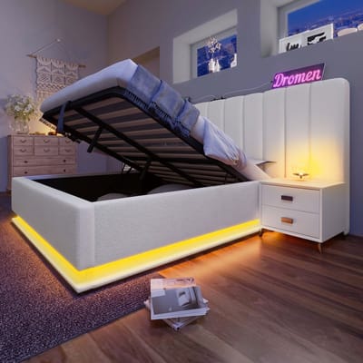 VVBV Gestoffeerd Opbergbed 160x200 cm - LED, USB-C, Hydraulische Opbergruimte, Lattenbodem, Nachtkastje, Linnen, Zonder Matras