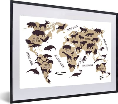 Poster in lijst - Fotolijst 60x40 cm - Posters - Wereldkaart - Bruin - Dieren - Posterlijst zwart - Decoratie - Wanddecoratie woonkamer - Muurdecoratie slaapkamer