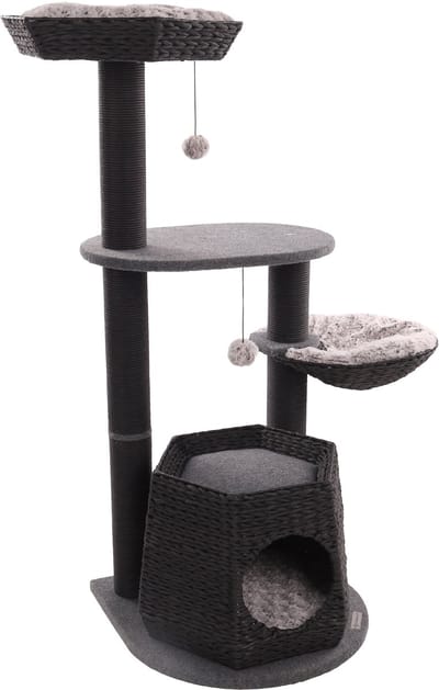 Krabpaal – Flamingo Berliot Zwart – 90 × 65 × 118 cm – papieren krabtouw – met hangmat, ligplateaus & schuilplaats – voor katten