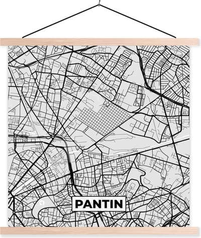 Posterhanger incl. Poster 40x40 cm - Schoolplaat - Kaart - Stadskaart - Frankrijk - Pantin - Plattegrond - Textielposter - Blanke latten - Stadskaart
