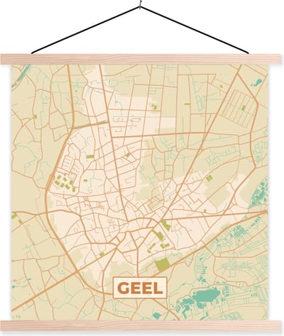 Posterhanger incl. Poster 40x40 cm - Schoolplaat - Kaart - Retro - Stadskaart - Plattegrond - Geel - Textielposter - Blanke latten - Stadskaart