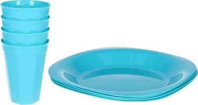 Plasticforte Verjaardag/kinder/camping borden/beker set - 8x stuks - blauw - kunststof - onbreekbaar