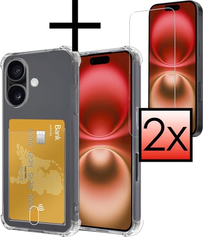 Hoesje - Geschikt voor Apple iPhone 16 - Met 2x Screenprotector - Pashouder - Kaarthouder - Telefoon Hoes Shockproof - Siliconen Case - Back Cover - Shock Proof - Pasjes Houder - Transparant