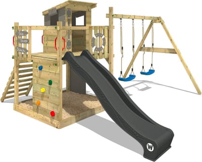Wickey Smart Camp Speeltoestel - Dubbele schommel met Glijbaan en Speelhuisje - Klimwand & Zandbak - 390x420x237 cm - Grijs