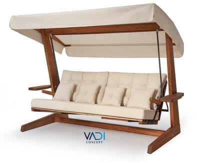 Vadi Concept Luna 2600 Premium Houten Schommelbank - Beige - Massief Iroko Hardhout - Verstelbare Rugleuning & Bedfunctie