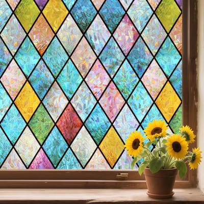 Raamfolie met antistatische werking—Privacysticker voor glas—Statische adsorptie—Warmte-isolatie en UV-bescherming—Zelfvrije decoratieve folie (diamantpatroon)—Zelf raamfolie maken—45*200 cm