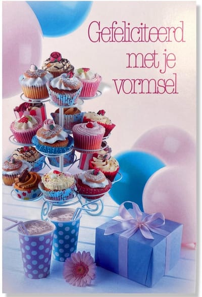 Vormsel Wenskaart Cupcakes - 12x17cm - Gevouwen kaart inclusief envelop - Heilig Vormselkaart