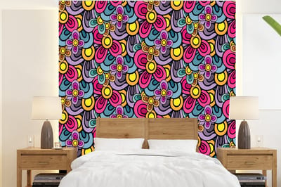 Behang - Fotobehang Patroon - Hippie - Bloemen - Paars - Breedte 220 cm x hoogte 240 cm