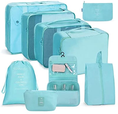 Opbergzakken Reis - Inpakorganizers Set - Bagage Organiseren - Waterdicht Nylon - 9 Delig - Helder Blauw
