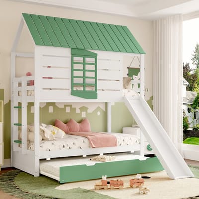 REDOM Stapelbed in Huisvorm – 90x200 cm – Met glijbaan & uitschuifbed – Ladder & beschermhekken – MDF & grenenhout – Wit & Groen