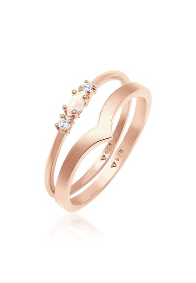 Elli - Ring - Dames Set Marquise V Vorm Basis met Synthetische Opaal en Zirkonia Kristallen in 925 Sterling Zilver - Dames