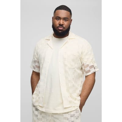 Plus Check Open Stitch Oversized Revere Shirt | Stone | Size 2XL