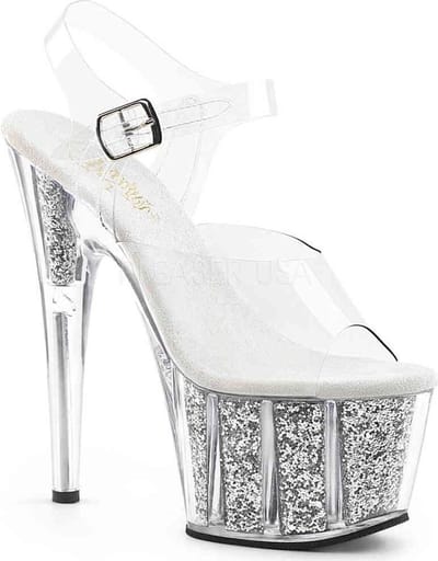 Pleaser - ADORE-708G Sandaal met enkelband, Paaldans schoenen - Paaldans schoenen - 40 Shoes - Transparant/Zilverkleurig