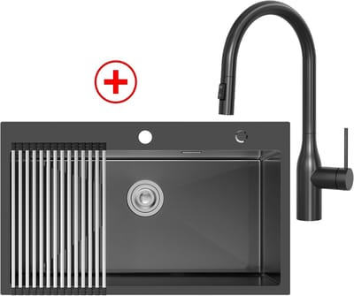 CECIPA Max Spoelbak Keuken 75x45 cm - Spoelbakken Met Uittrekbare Uitloop Keukenkraan en Afdruip - Enkele spoelbak Met Waterafvoersysteem - Wasbak Keuken Antraciet