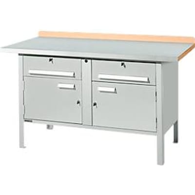 Werkbank met kasten Schäfer Shop Select PWi 150-0, ESD, beuken multiplexplaat, met stalen deksel, tot 750 kg, B 1500 x D 700 x H 840 mm, lichtgrijs