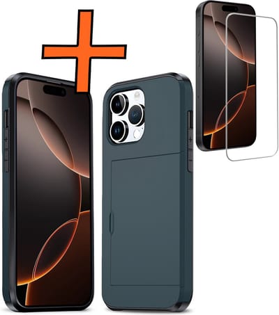 Hoesje Geschikt voor iPhone 16 Pro Hoesje Pasjeshouder Shockproof Hard Case Met Screenprotector - Hoesje Geschikt voor iPhone 16 Pro Hoes Met Kaarthouder - Donkerblauw