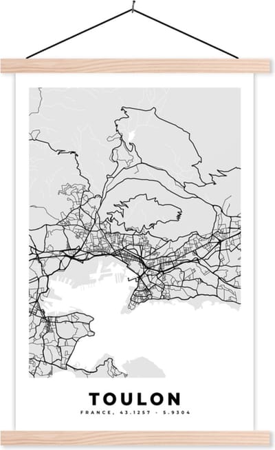 Posterhanger incl. Poster 40x60 cm - Schoolplaat - Frankrijk - Plattegrond - Kaart - Toulon - Stadskaart - Textielposter - Blanke latten - Stadskaart