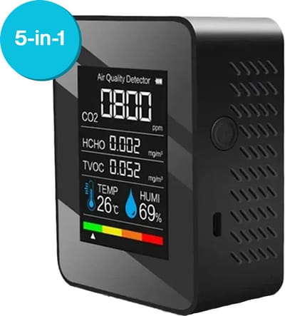 Co2 Meter 5-in-1 voor Binnen - Luchtkwaliteitsmeter - Draagbaar & Oplaadbaar - Temperatuur Meter - Zwart