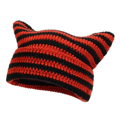 Muts - Wintermuts dames - Muts heren - Warme muts - Gebreide muts - Damesmuts met kattenoren - Vintage gestreepte warme elastische wintermuts - Bijpassende gebreide gehaakte kattenmuts - Voor kinderen - Meisjes en volwassenen(rood)