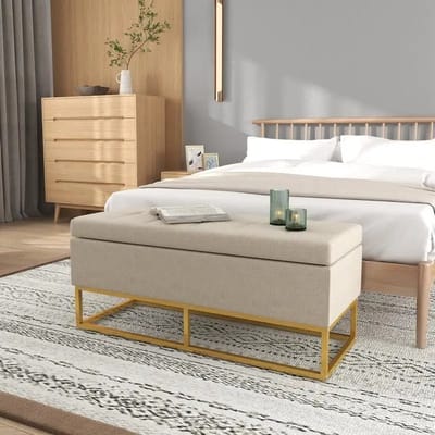M-Goods - Opbergbank - Bankje met Opbergruimte - Bedbank Slaapkamer - Luxe Zitbank - Beige met Goud - 110 cm