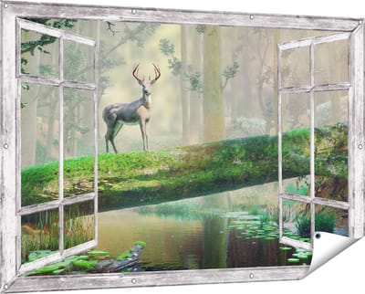 Gards Tuinposter Doorkijk Hert in het Bos op een Boom - 150x100 cm - Tuindoek - Tuindecoratie - Wanddecoratie buiten - Tuinschilderij