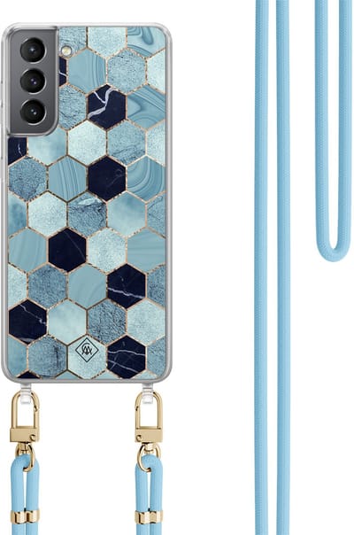Casimoda® hoesje met lichtblauw koord - Geschikt voor Samsung S21 Plus - Blue Cubes - Afneembaar koord - TPU/polycarbonaat - Blauw