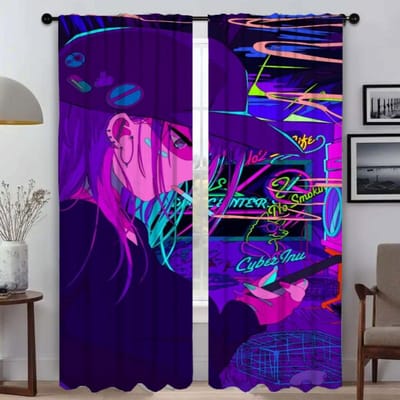 Vaporwave Cybernetische Kunst Gordijnen voor Woonkamer Gordijn Tule voor Slaapkamer Afscheiding Shades Halloween Decoratie Keuken Camera W50xH70cmx2pcs-CL purple