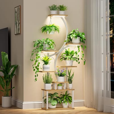 8-laags plantenstandaard met kweeklampen - 157,5 cm hoge binnenplank voor meerdere planten, metalen S-vormige bloemenhouderrek voor thuis, terras (wit)