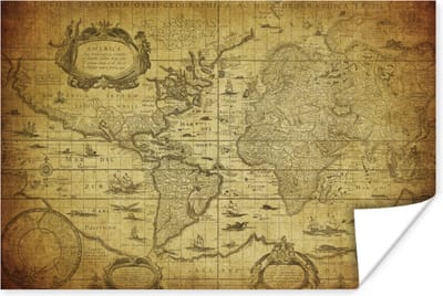 Wereldkaart - Vintage - Geschiedenis - Kinderen - Jongens - Meisjes - 30x20 cm - Poster - Poster Kinderkamer