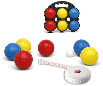 Jeu de boules set met 6 ballen + compact meetlint/rolmaat 1,5 meter - Complete kaatsbal/petanque set - Actief buitenspeelgoed voor kinderen