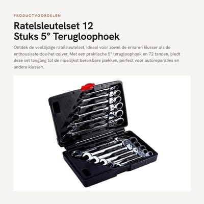 Dailygoods- Ratelsleutelset 12-delig - 8-19 mm - 72 Tanden - 5° Terugloophoek - Kunststof Hoes - Chroom-Vanadium Afwerking - Moersleutelset