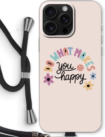 Case Company® - Hoesje met koord geschikt voor iPhone 16 Pro Max hoesje met Koord - Happy days - Telefoonhoesje met Zwart Koord - Bescherming aan alle Kanten en Over de Schermrand