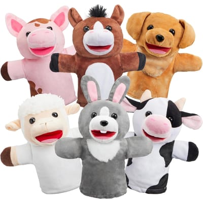 6 Stuks Kinder Handpoppen Collectie met Werkende Mond Dier Pluche Speelgoed ontworpen voor Show Theater Verjaardagscadeaus Paasmand Vullers gray