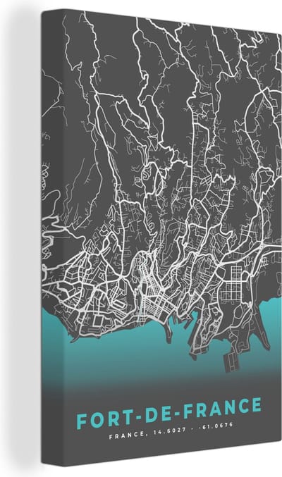 Canvas Schilderij Kaart – Stadskaart – Frankrijk - Fort-de-France - Plattegrond - 20x30 cm - Wanddecoratie