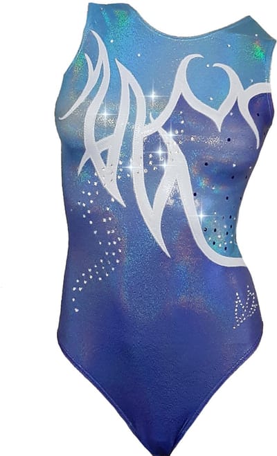Fairysports Turnpakje Bianco maat 110-116 meisjes gympakje paars zilver lichtblauw met zilveren steentjes