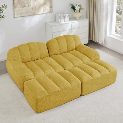 BLACKCOLORS Modulaire 2-zitsbank met 2 chaise longues, Boneless-bank van 32D-schuim met hoge dichtheid, voor woonkamer en appartement, antislipontwerp, zachte stof, Geel