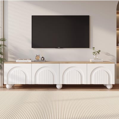 BLACKCOLORS - TV-meubel en tv-kast - 180x40x45 cm (LxBxH) - Met 4 kasten en tv-steun - 6 bolvormige metalen poten - Laag meubel voor tv's tot 80 inch - Tv-tafel en tv-commode - Houtkleur en witte afwerking