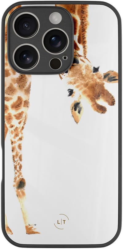 Hoesje geschikt voor iPhone 16 Pro - Giraffe - Luxe Glazen Hardcase - Giraffe - Bruin - Leuke Telefoonhoesjes